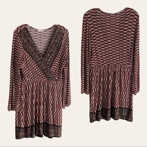 Olive Tree Boho Print 3/4 Sleeve Plunge Wrap Stretch Jersey Knit Mini Dress M